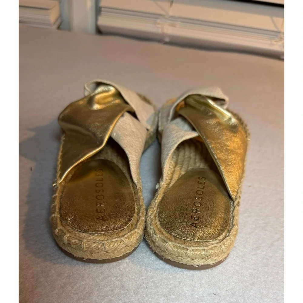 Aerosoles‎ Paramus Gold Metallic Leather Espadrille Slide Sandals Womens 9.5M